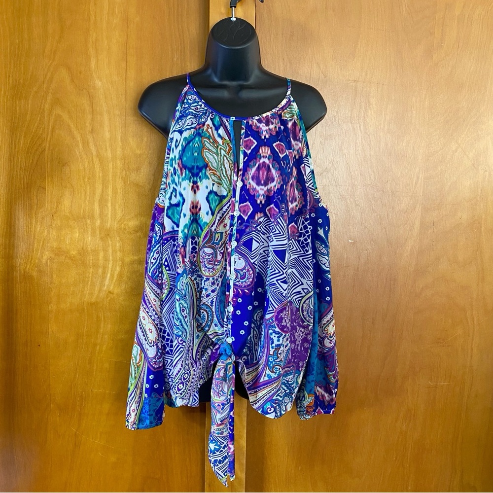 Chico's Vibrant Multicolor Patterned Cold Shoulder Blouse XL
